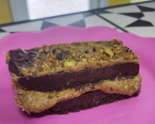 Close-up of Dubai fudge. Chocolate with pistachio and kadayif