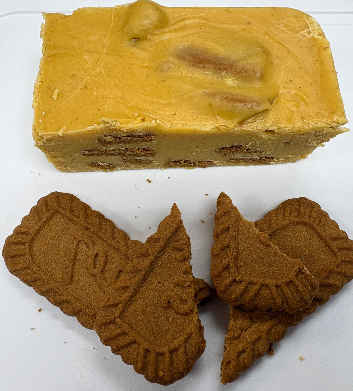 8 ounce slice of pumpkins fudge embedded with biscotti cookies surrounded by broken cookie pieces